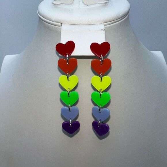 Pride Rainbow 🌈 Heart ❤️ Dangle Opaque Earrings - Picture 1 of 5